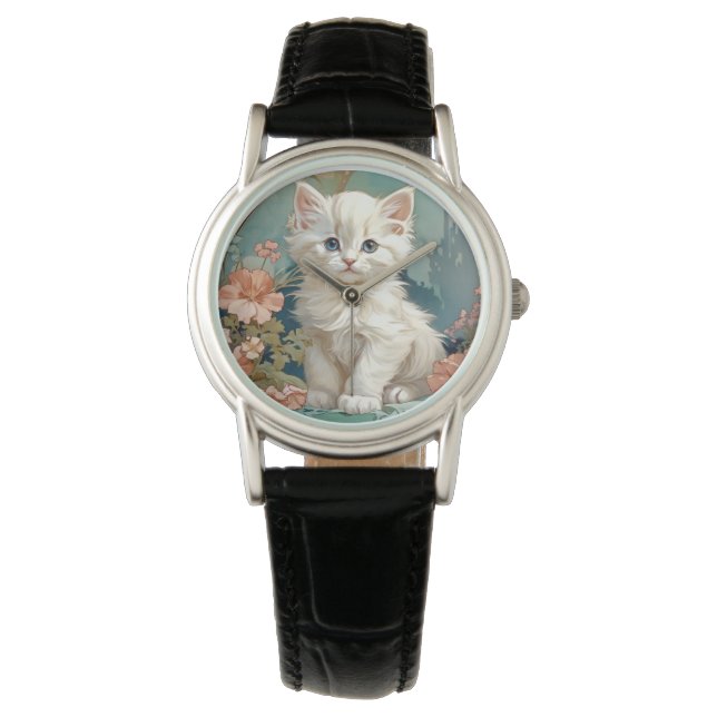 Alphonse Mucha Stijl Witte Kat Horloge (Voorkant)