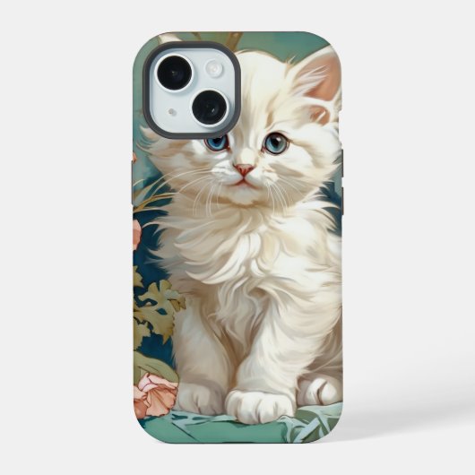 Alphonse Mucha Stijl Witte Kat iPhone 15 Case (Achterkant)