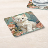 Alphonse Mucha Stijl Witte Kat Kartonnen Onderzetters (Schuin)