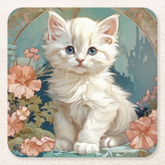Alphonse Mucha Stijl Witte Kat Kartonnen Onderzetters (Voorkant)