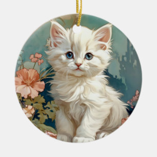 Alphonse Mucha Stijl Witte Kat Keramisch Ornament