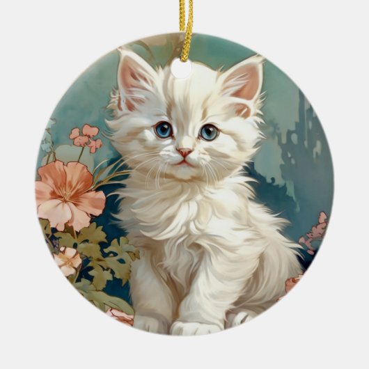 Alphonse Mucha Stijl Witte Kat Keramisch Ornament (Voorkant)