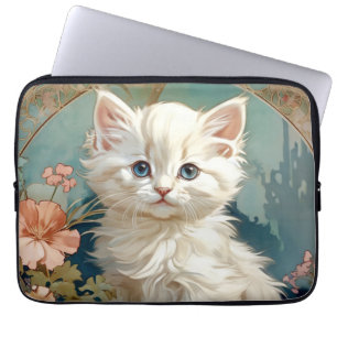 Alphonse Mucha Stijl Witte Kat Laptop Sleeve