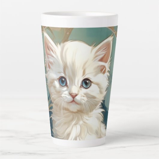 Alphonse Mucha Stijl Witte Kat Latte Mok (Voorkant)