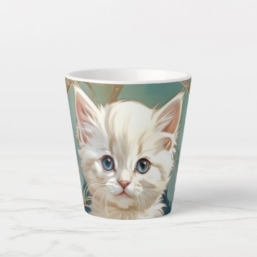 Alphonse Mucha Stijl Witte Kat Latte Mok (Voorkant)