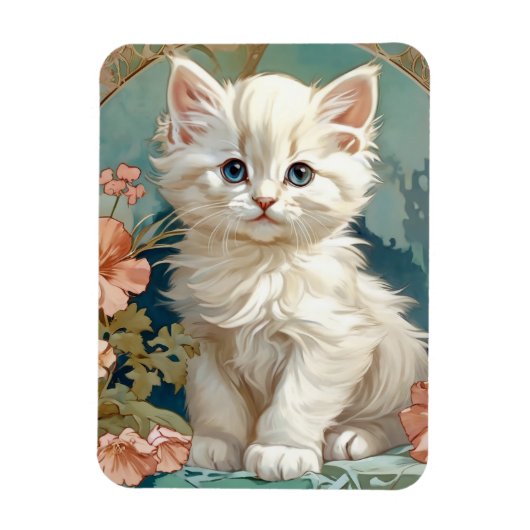 Alphonse Mucha Stijl Witte Kat Magneet (Verticaal)