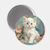 Alphonse Mucha Stijl Witte Kat Magneet (Voorkant / Achterkant)