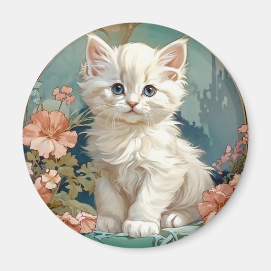 Alphonse Mucha Stijl Witte Kat Magneet (Voorkant)