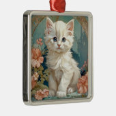 Alphonse Mucha Stijl Witte Kat Metalen Ornament (Rechts)