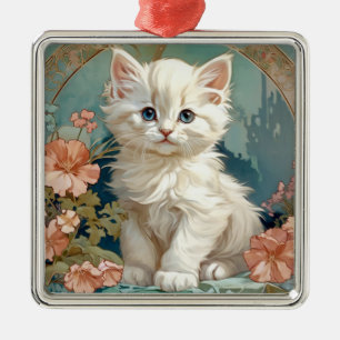 Alphonse Mucha Stijl Witte Kat Metalen Ornament