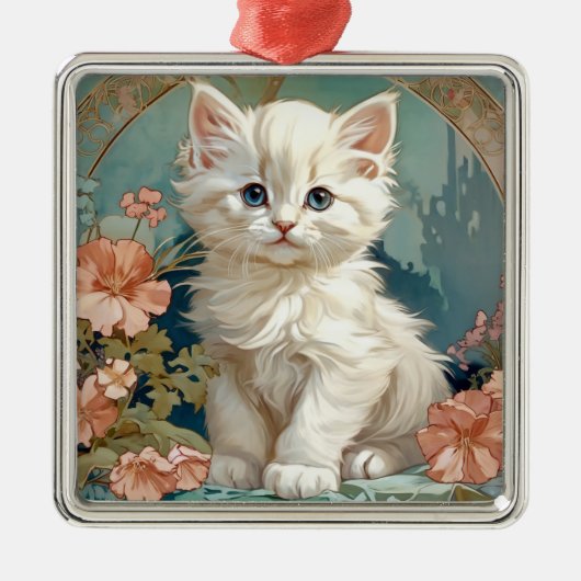 Alphonse Mucha Stijl Witte Kat Metalen Ornament (Voorkant)