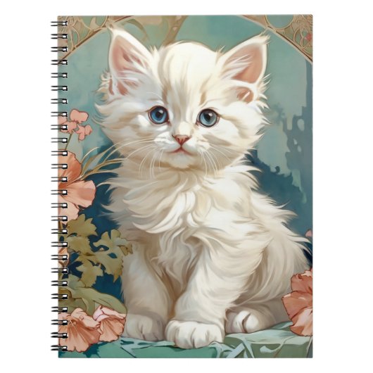 Alphonse Mucha Stijl Witte Kat Notitieboek (Voorkant)