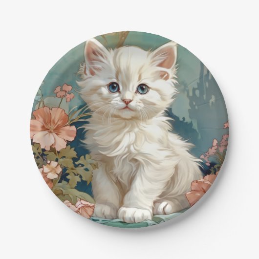 Alphonse Mucha Stijl Witte Kat Papieren Bordje (Voorkant)