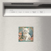 Alphonse Mucha Stijl Witte Kat, Perzische kitten k Magneet (Insitu (Vaatwasser))