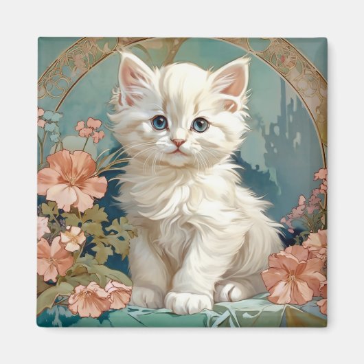 Alphonse Mucha Stijl Witte Kat, Perzische kitten k Magneet (Voorkant)