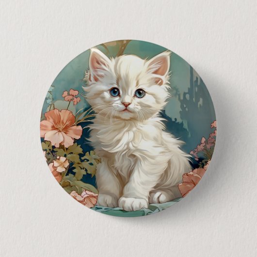 Alphonse Mucha Stijl Witte Kat Ronde Button 5,7 Cm (Voorkant)