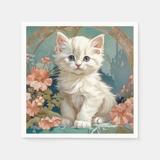 Alphonse Mucha Stijl Witte Kat Servet (Voorkant)
