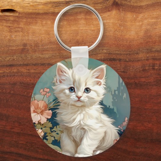 Alphonse Mucha Stijl Witte Kat Sleutelhanger (Achterkant)