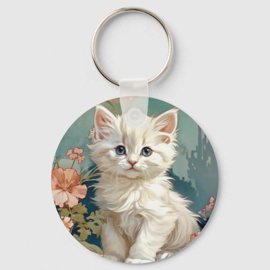 Alphonse Mucha Stijl Witte Kat Sleutelhanger (Achterkant)