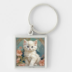 Alphonse Mucha Stijl Witte Kat Sleutelhanger