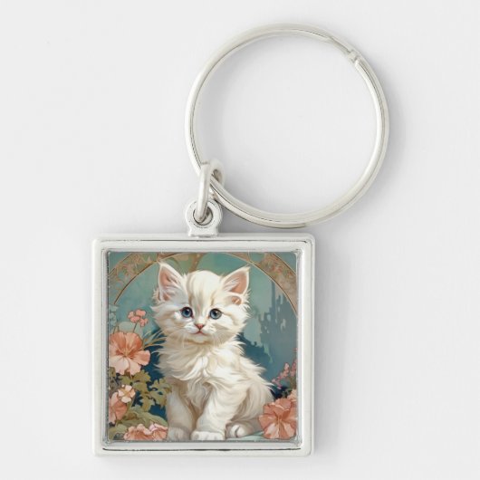 Alphonse Mucha Stijl Witte Kat Sleutelhanger (Voorkant)