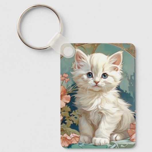 Alphonse Mucha Stijl Witte Kat Sleutelhanger (Voorkant)