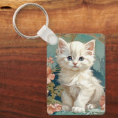 Alphonse Mucha Stijl Witte Kat Sleutelhanger (Voorkant)