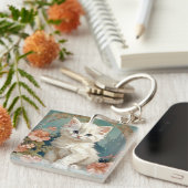 Alphonse Mucha Stijl Witte Kat Sleutelhanger (Voorkant Rechts)