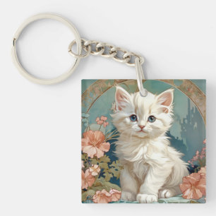 Alphonse Mucha Stijl Witte Kat Sleutelhanger