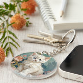 Alphonse Mucha Stijl Witte Kat Sleutelhanger (Voorkant Rechts)