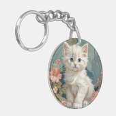 Alphonse Mucha Stijl Witte Kat Sleutelhanger (Voorkant Links)