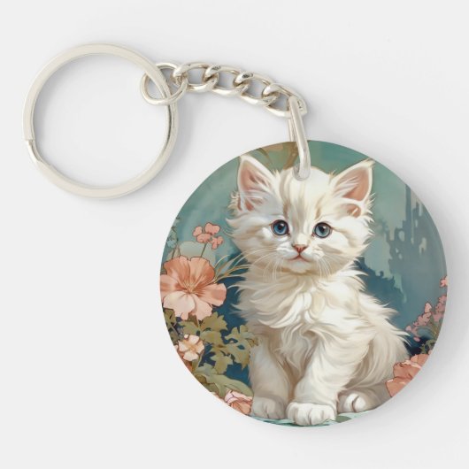 Alphonse Mucha Stijl Witte Kat Sleutelhanger (Voorkant)