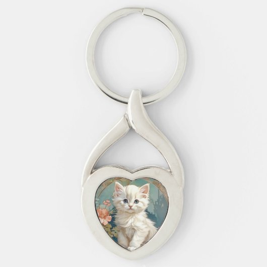 Alphonse Mucha Stijl Witte Kat Sleutelhanger (Voorkant)