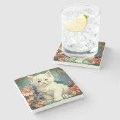 Alphonse Mucha Stijl Witte Kat Stenen Onderzetter (Zijkant)