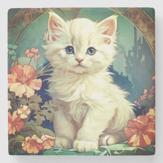 Alphonse Mucha Stijl Witte Kat Stenen Onderzetter (Voorkant)