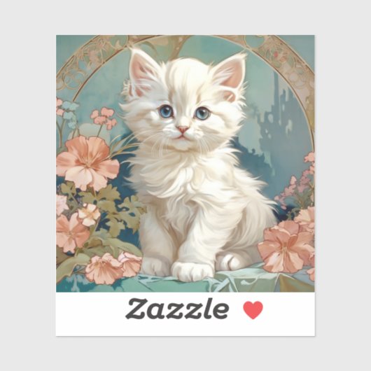 Alphonse Mucha Stijl Witte Kat Sticker (Vel)