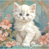 Alphonse Mucha Stijl Witte Kat Sticker (Voorkant)