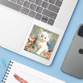 Alphonse Mucha Stijl Witte Kat Sticker (Laptop met iPhone)