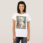 Alphonse Mucha Stijl Witte Kat T-shirt (Voorkant volledig)