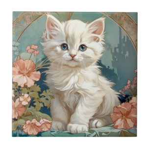 Alphonse Mucha Stijl Witte Kat Tegeltje