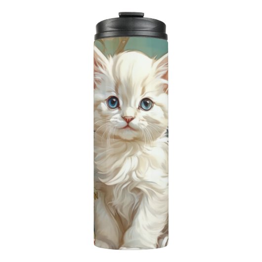 Alphonse Mucha Stijl Witte Kat Thermosbeker (Voorkant)