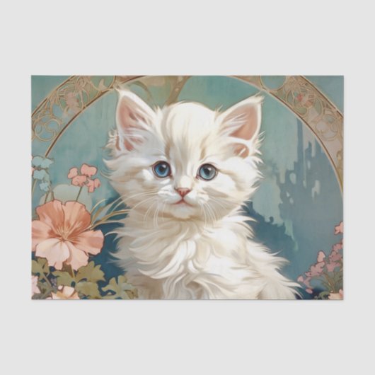 Alphonse Mucha Stijl Witte Kat Tissuepapier (Voorkant)