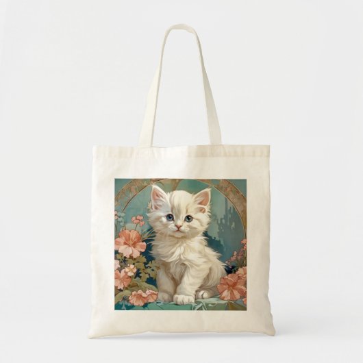 Alphonse Mucha Stijl Witte Kat Tote Bag (Voorkant)