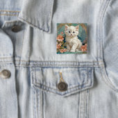 Alphonse Mucha Stijl Witte Kat Vierkante Button 5,1 Cm (In situ)