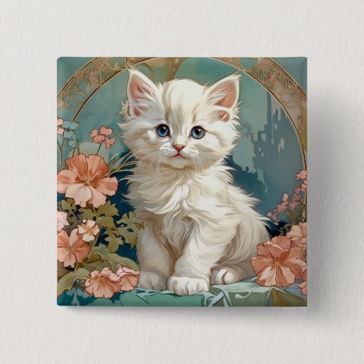 Alphonse Mucha Stijl Witte Kat Vierkante Button 5,1 Cm (Voorkant)