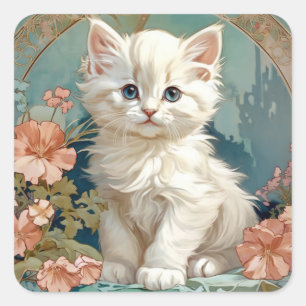 Alphonse Mucha Stijl Witte Kat Vierkante Sticker