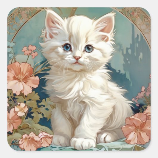 Alphonse Mucha Stijl Witte Kat Vierkante Sticker (Voorkant)