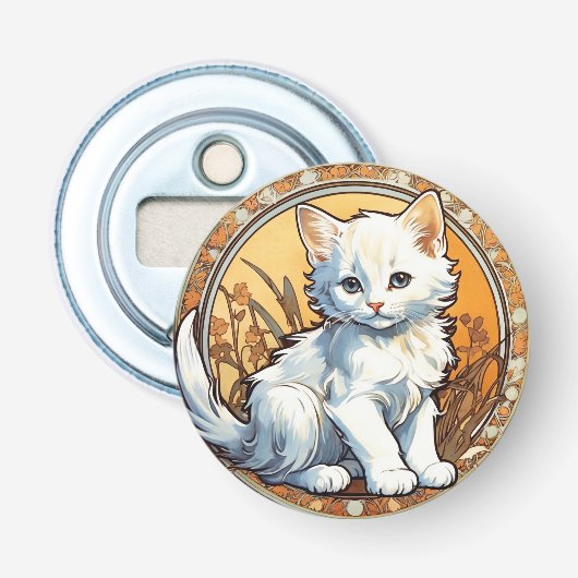Alphonse Mucha Style Cat Button Flesopener (Voorkant)