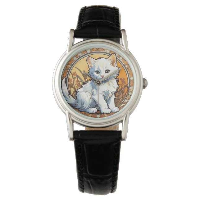 Alphonse Mucha Style Cat Horloge (Voorkant)