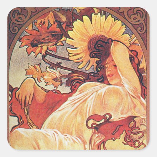 Alphonse Mucha Sunflower Vierkante Sticker (Voorkant)
